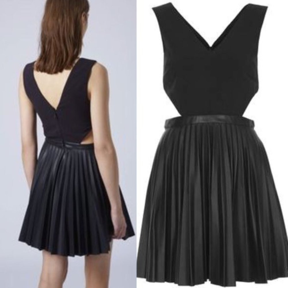 Topshop Cut Out Faux Leather Pleated Dress Size 2